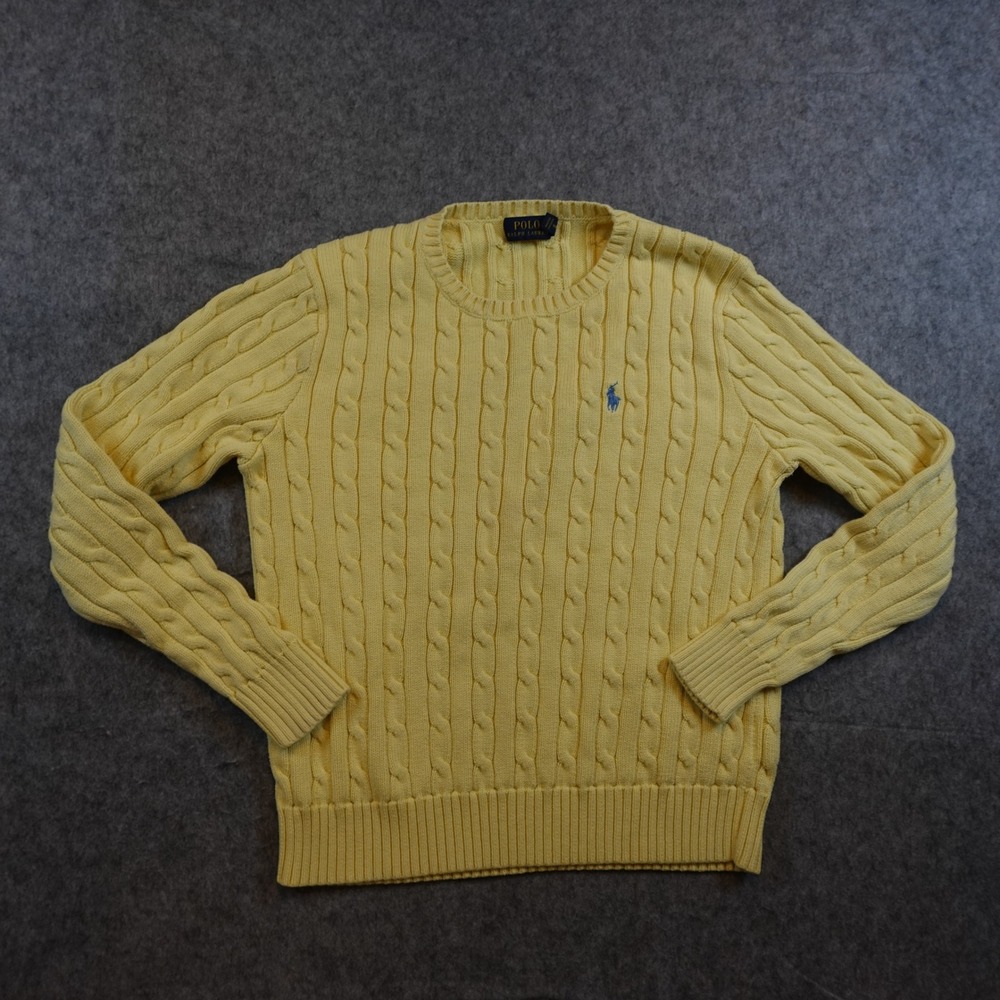 Polo Ralph Lauren Sweater Women Medium Yellow Cable Knit Cotton Crewneck Preppy